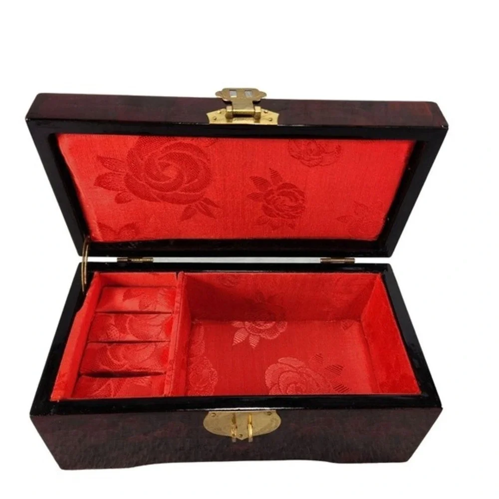 Lacquered Wood Jewelry Box Cork Diorama Pagoda Cranes Footed‎ Trinket Box READ
